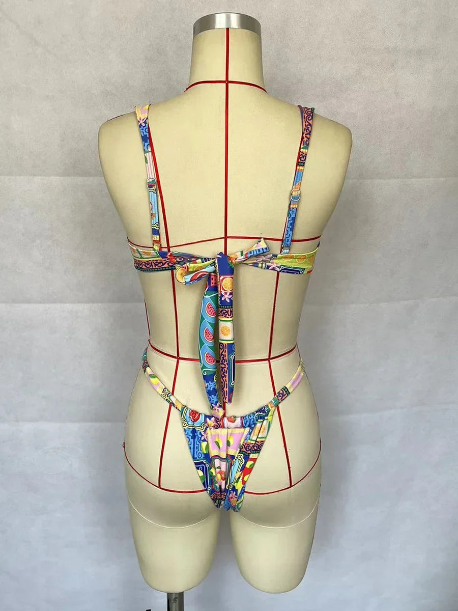 Printed Mini Thong V-bar Underwired Bikini Female Swimsuit Women Swimwear Two-pieces Bikini Set High Cut Bathing Suit Swim Lady