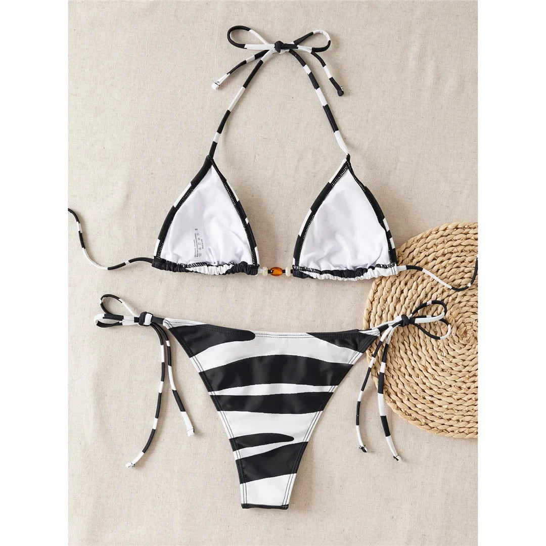 XS - L Sexy Zebra Halter High Leg Cut Bikini Women Swimwear Female Swimsuit Two-Pieces Bikini Set Bather Bathing Suit Swim V6799