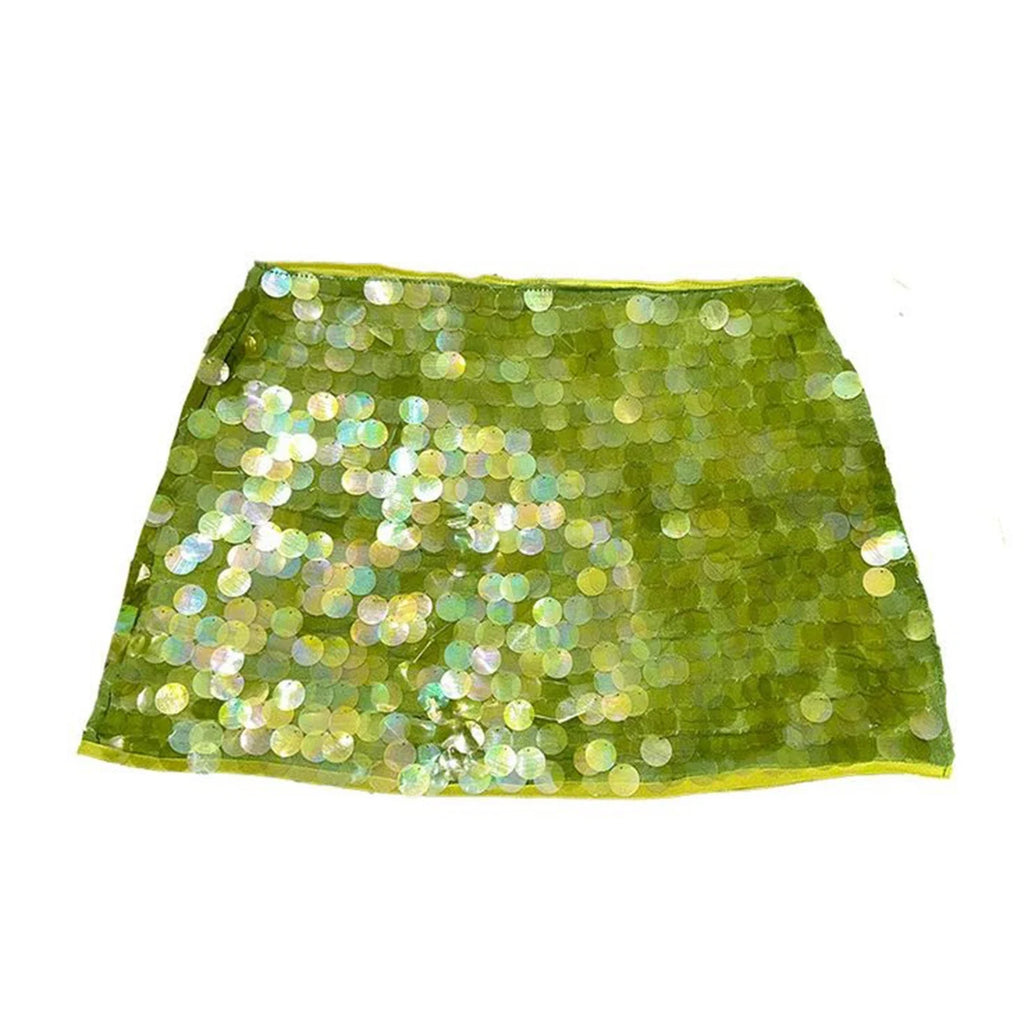 Women's Summer Solid Color Mini Sequins Skirts High Waist Side Split Tie Up Skirt for Daily, Travel, Parties