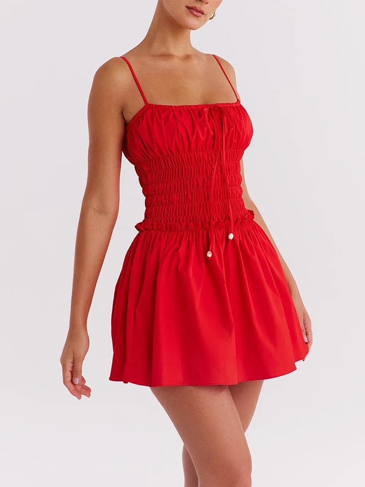 Cotton Summer Red Short Dress Women Strapless Beach Mini Dress Casual Ruffles Spaghetti Strap Boho Party Sleeveless Dress