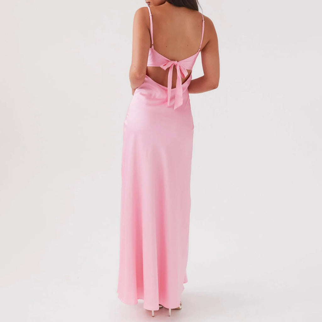Women Cami Dress Solid Color Sleeveless Tie-Up Front Sleeveless Backless Dress Long Dress Summer Casual Spaghetti Strap Dress