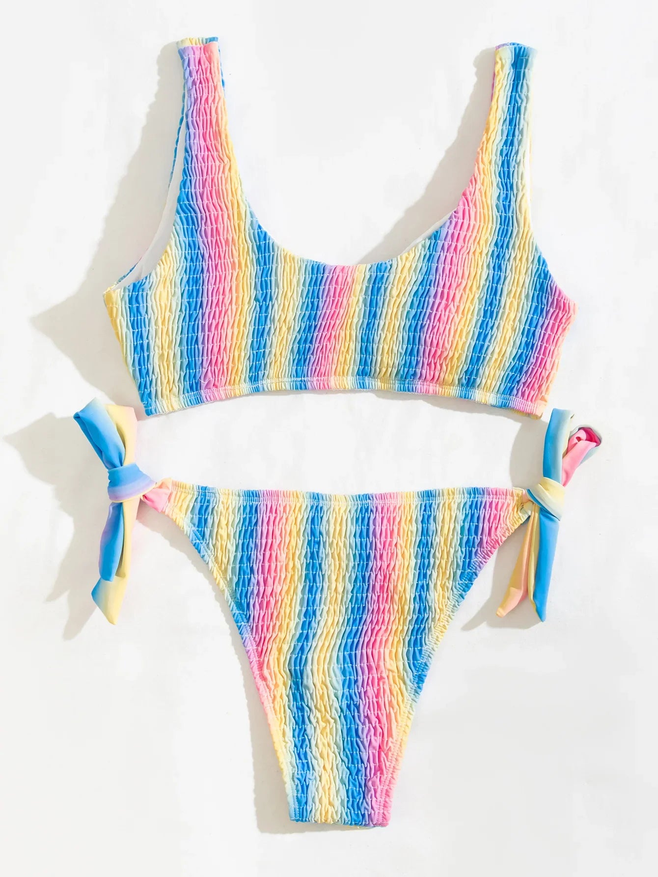 2026 New Sexy Bikini Women Rainbow Stripe Pleated Swimwear Swimsuit Knotted Bikinis Set Bathing Suit Beach Bikini Female Push Up