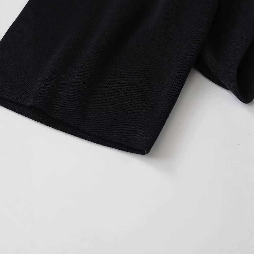 Fashion Casual Round-neck Puff Sleeve Knitted Top Women Black Puff Sleeve Knit T Shirt Crew Neck Short Sleeved Casual Top 99K0