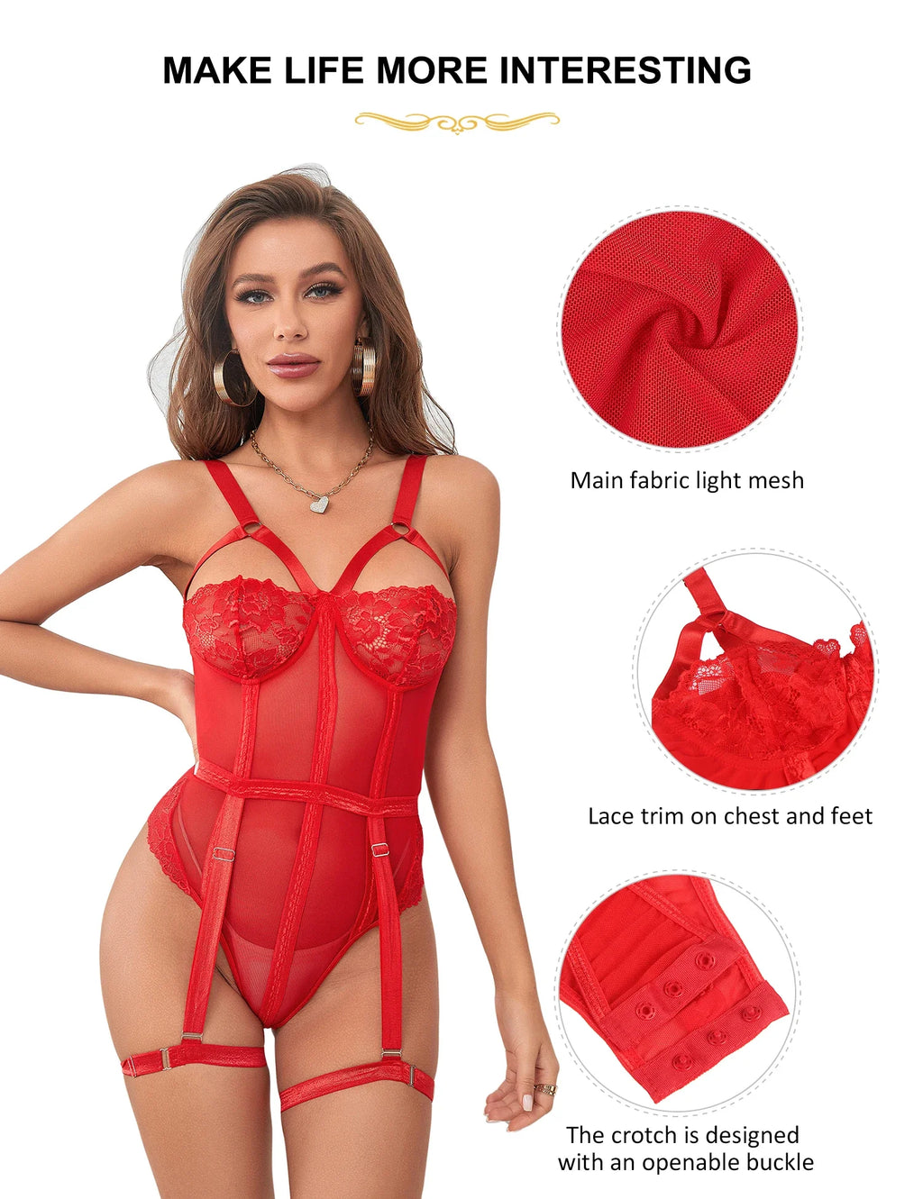 Over Size Lace Red Bodysuit Women Jumpsuit With Adjusted-straps Bodycon Slimming Clubwear Women Garter Temptation Mesh Lingerie
