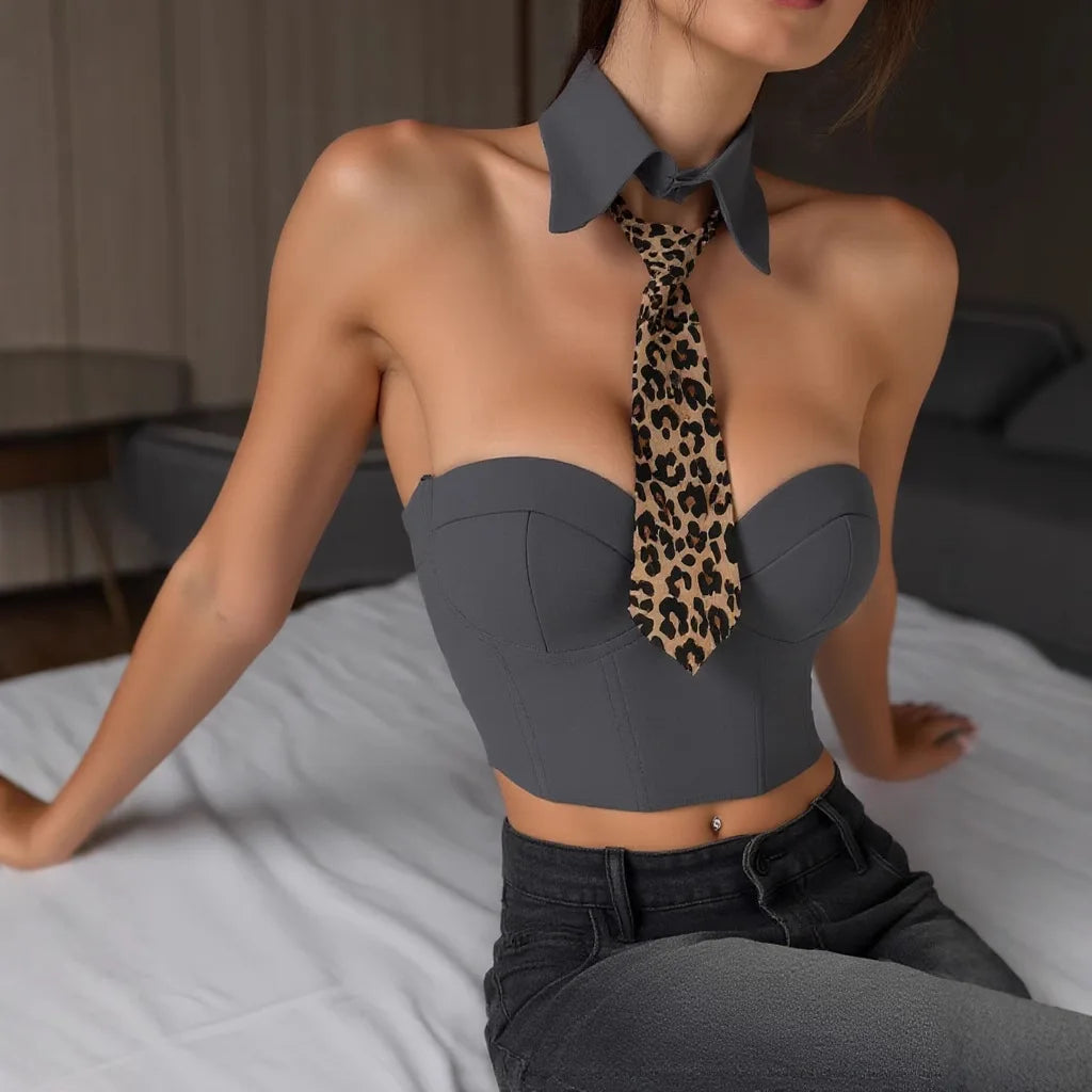 Phantasy Sexy Shirt Collar Leopard Print Necktie Tank Top Women Hotsweet Solid Color Crop Top Lady Fashion Night club Camisole