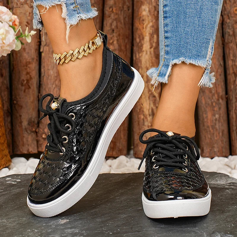 Black Pu Leather Platform Sneakers Women Plus Size 43 Soft Sole Lace Up Flats Woman 2026 Comfort Anti Slip Casual Shoes Female