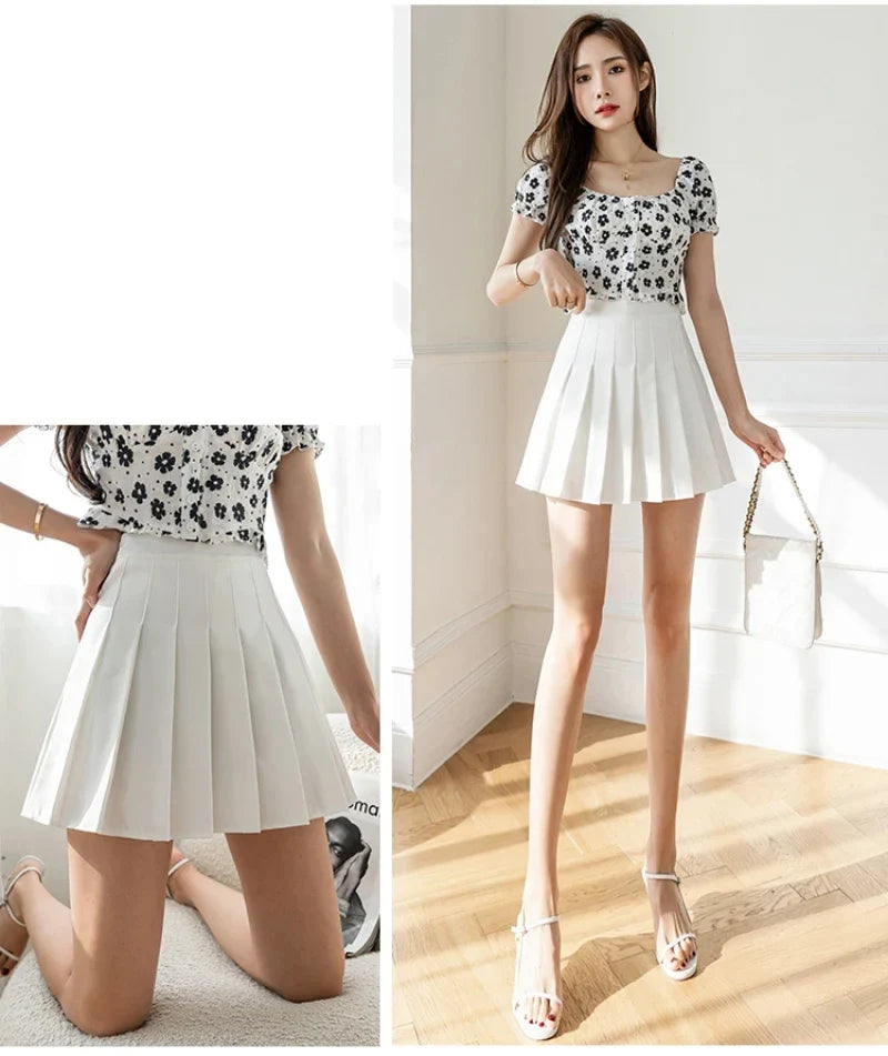 Women High Waist Pleated Skirt with Safety Shorts, Black A Line Mini Skort for Casual Office School Style Outfits