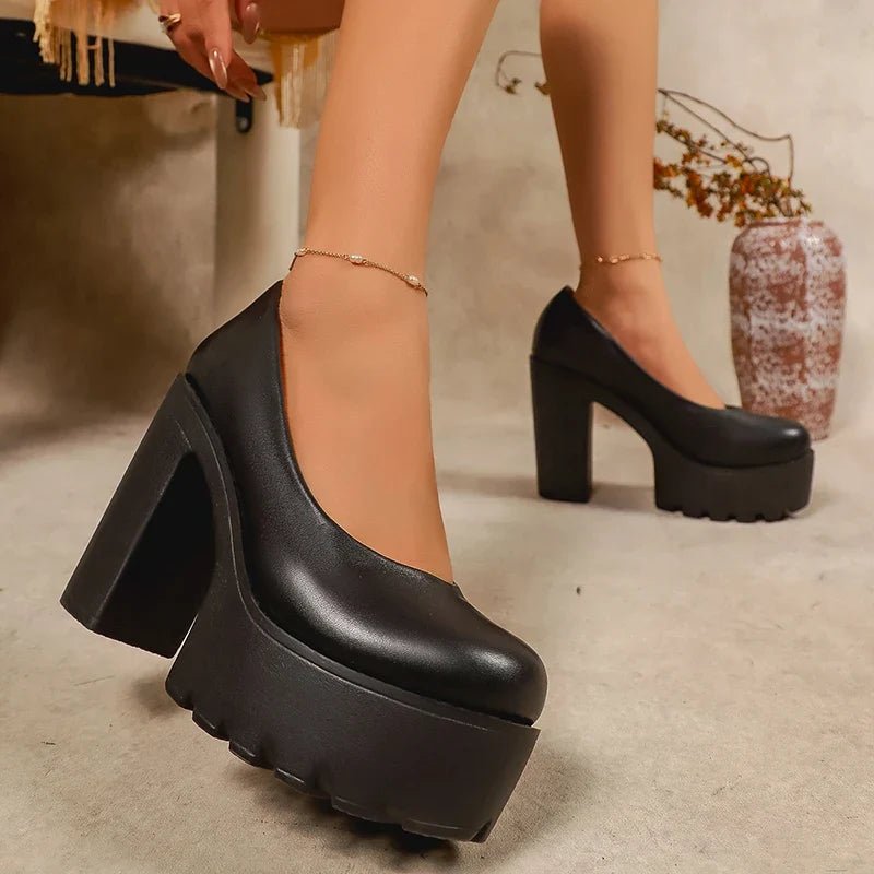2026 Fashion Chunky Platform Pumps Women Black Super High Heels Pu Leather Loafers Woman Plus Size 43 Office High Heel Shoes
