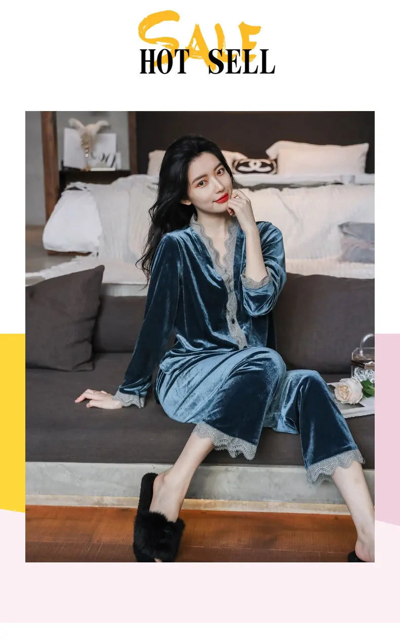 Pajamas gold velvet long sleeve lace cardigan set sexy home wear