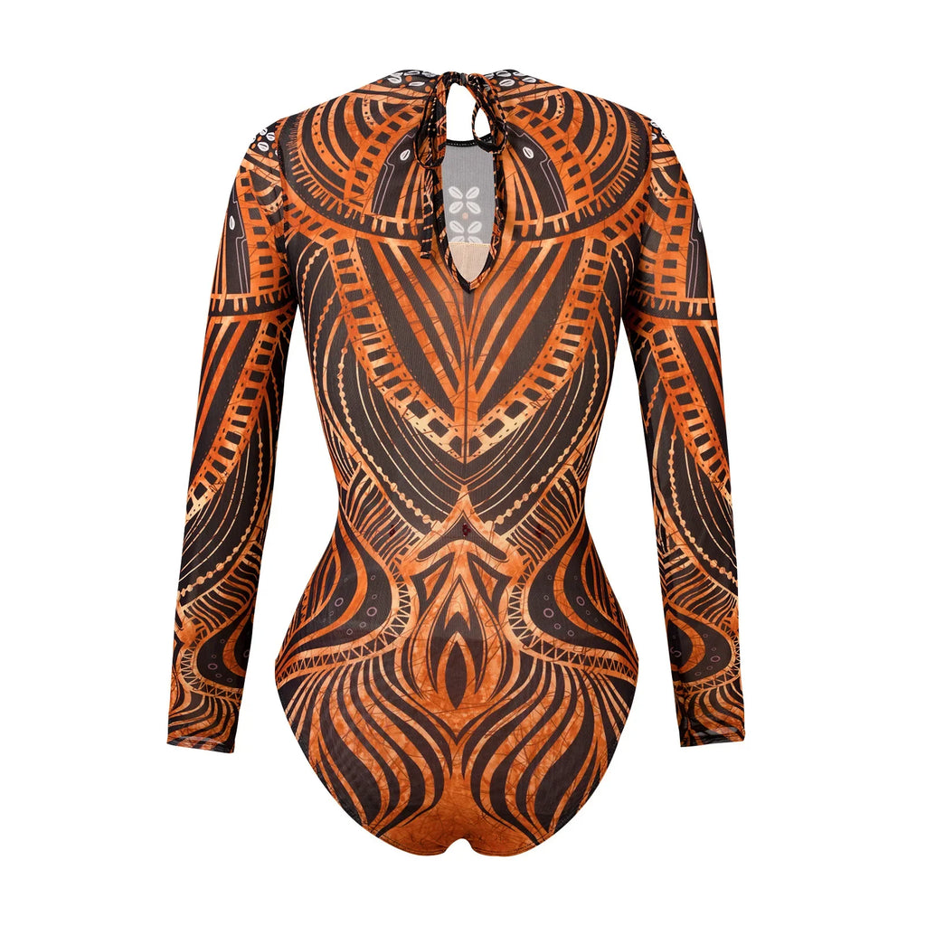 2025 Sexy Women's Retro Print Scoop Neck Padded Long Sleeve One Piece Swimsuits High Cut Bathing Suits Swimwear Bodysuit