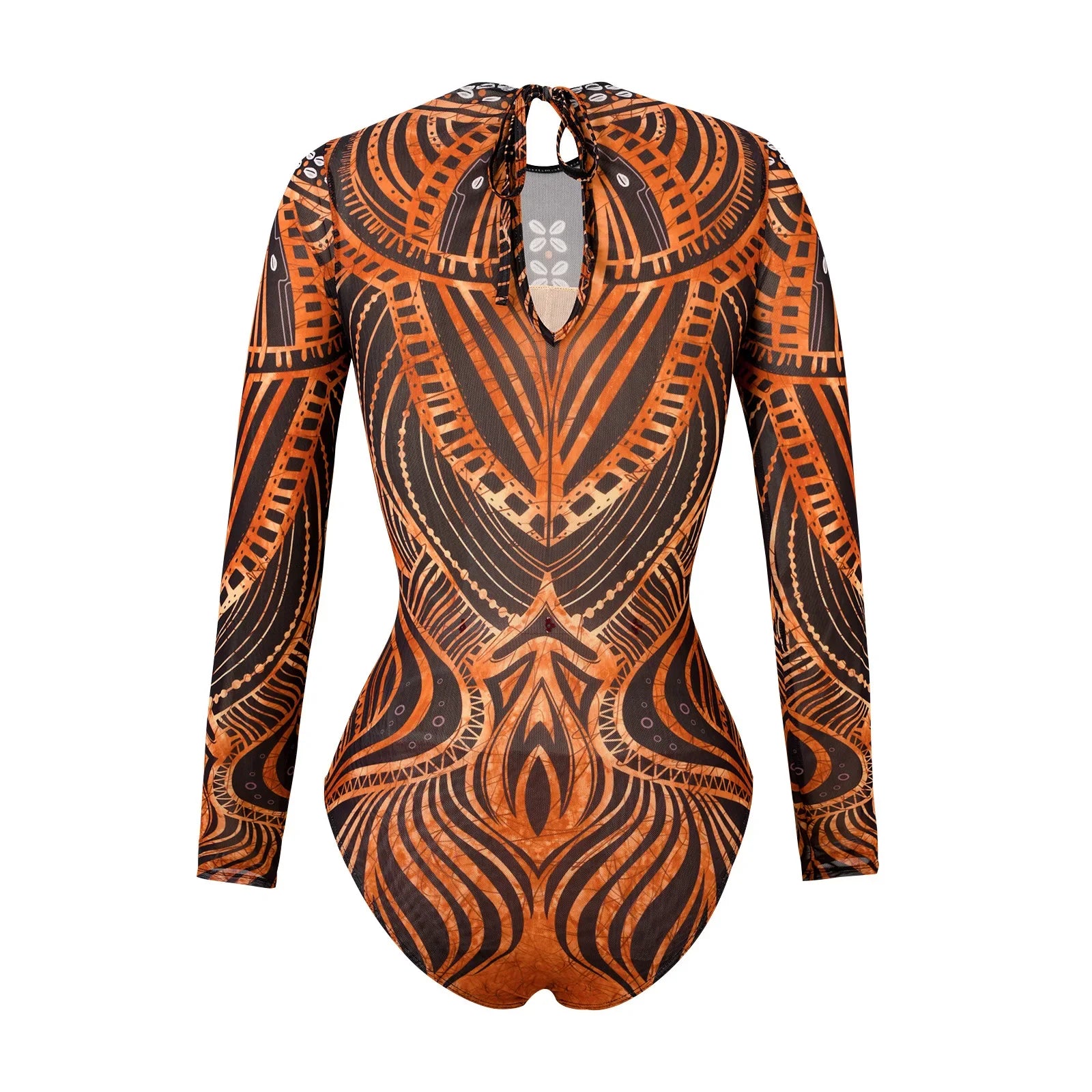 2025 Sexy Women's Retro Print Scoop Neck Padded Long Sleeve One Piece Swimsuits High Cut Bathing Suits Swimwear Bodysuit
