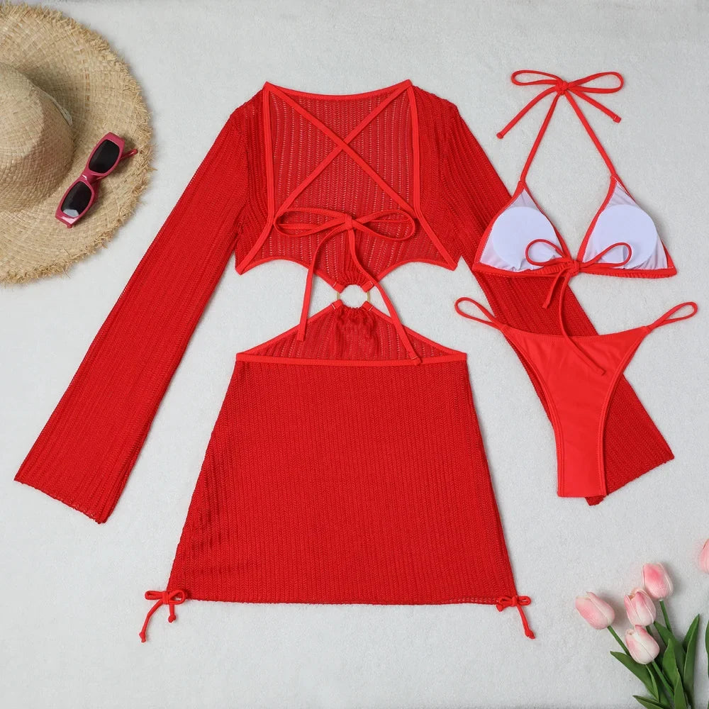 DEKA Women Solid Bikini Set Halter Bra Lace-up Swimsuit Set With Mesh Yarn Cover Up Dress Knitted  Long Sleeve Boho Swimwear