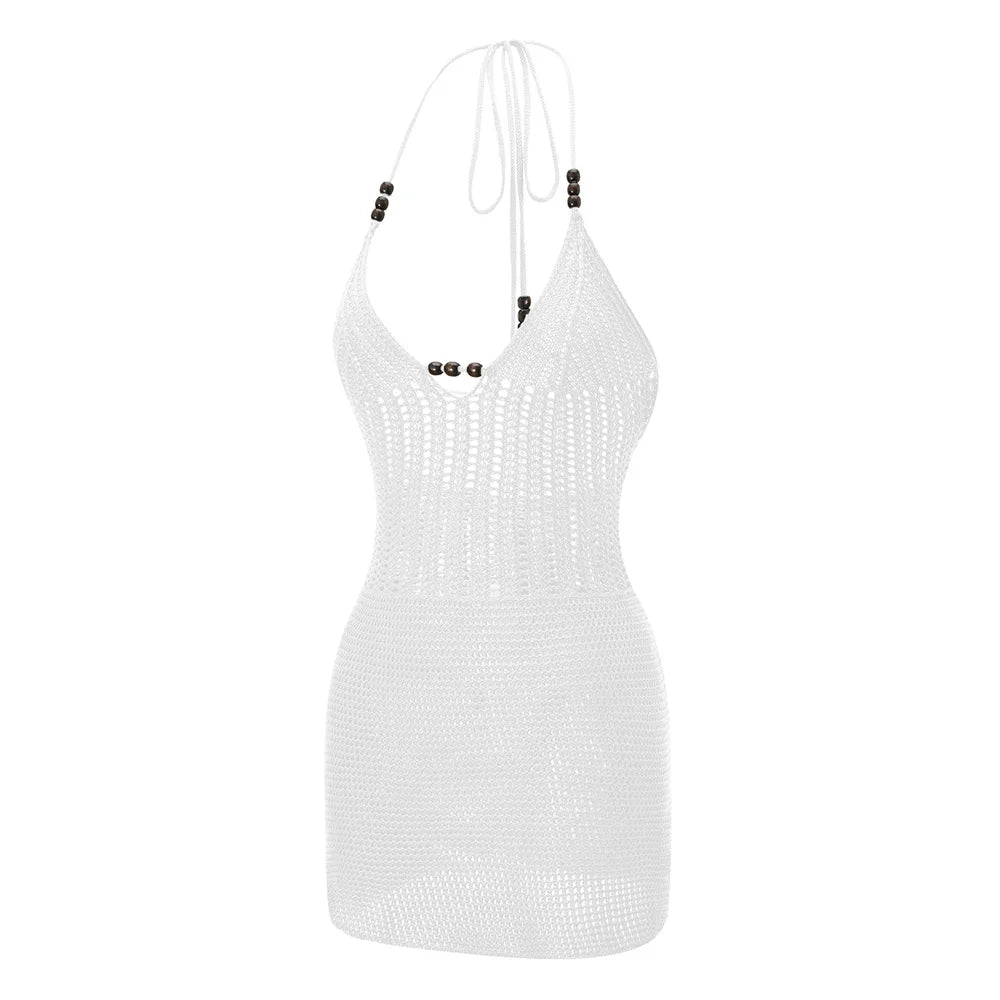 Women Backless Halter Mini Dress Casual Summer Knit Crochet Cutout Bodycon Party Dress for Beach Club Streetwear