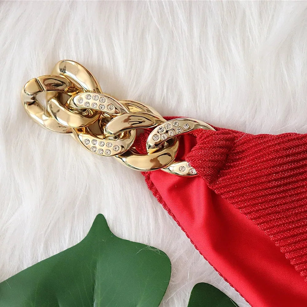 9 Colors Sexy Bikini Women Shining Fabric Golden Rhinestone Chain Swimwear Swimsuit Solid Halter Bikinis Set Bathing Suit Female
