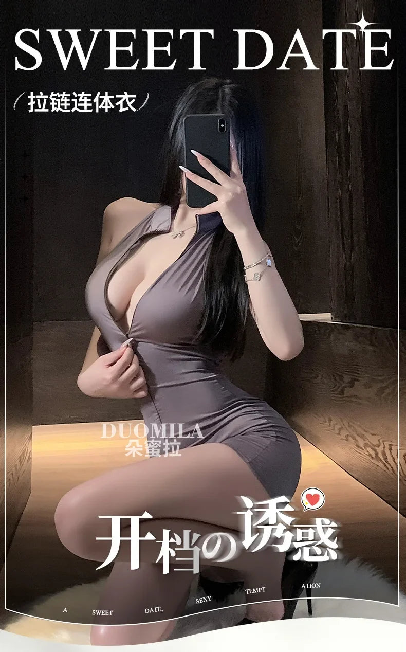Sexy Schoolgirl Two-way Zipper Open Chest Crotch Bodysuits Deep V Suspenders Sleeveless Bodysuits Charming Thin Casual Hot 15T6