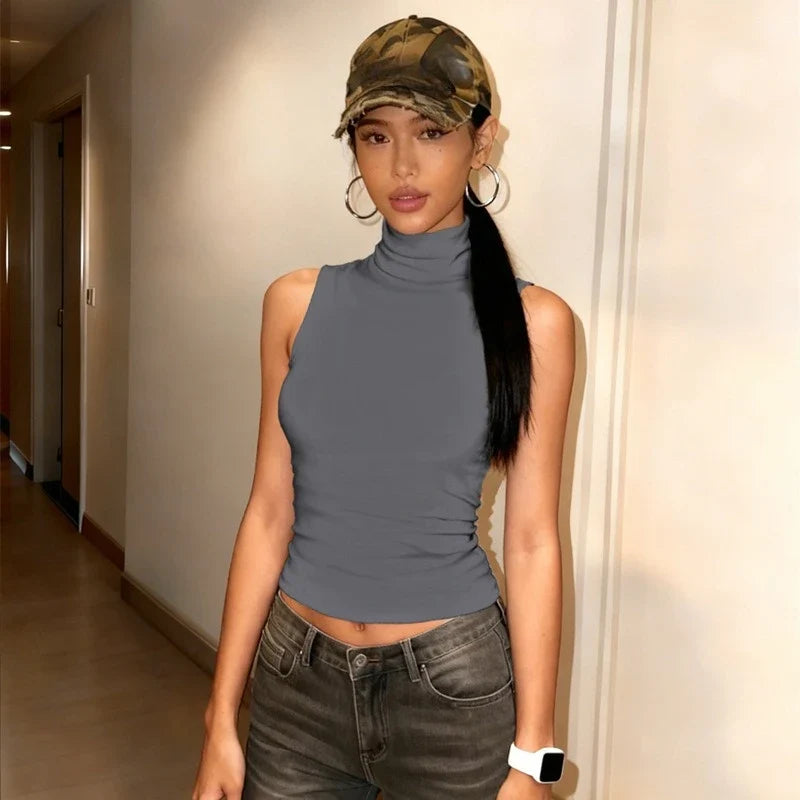 FDYOUI Fashion Turtleneck Sleeveless Tank Tops Streetwear Y2K Woman Clothes Backless Solid Corset T-shirt Female Skinny Crop Top