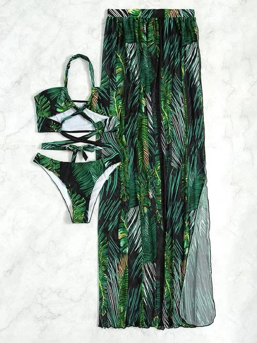 2026 Halter 3 Pieces Bikinis Bandage Swimsuit & Beach Dress Sexy Swimwear Women Bathers Swimming Bathing Suit Beachwear Summer