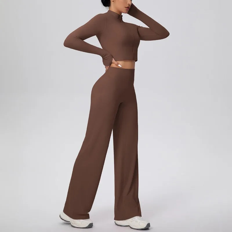 2 Pcs Women's Seamless Yoga Set Long-sleeved Wide-leg Pants Tracksuit Fitness Sports Set High-waisted Hip-lifting Slim-fit Suit