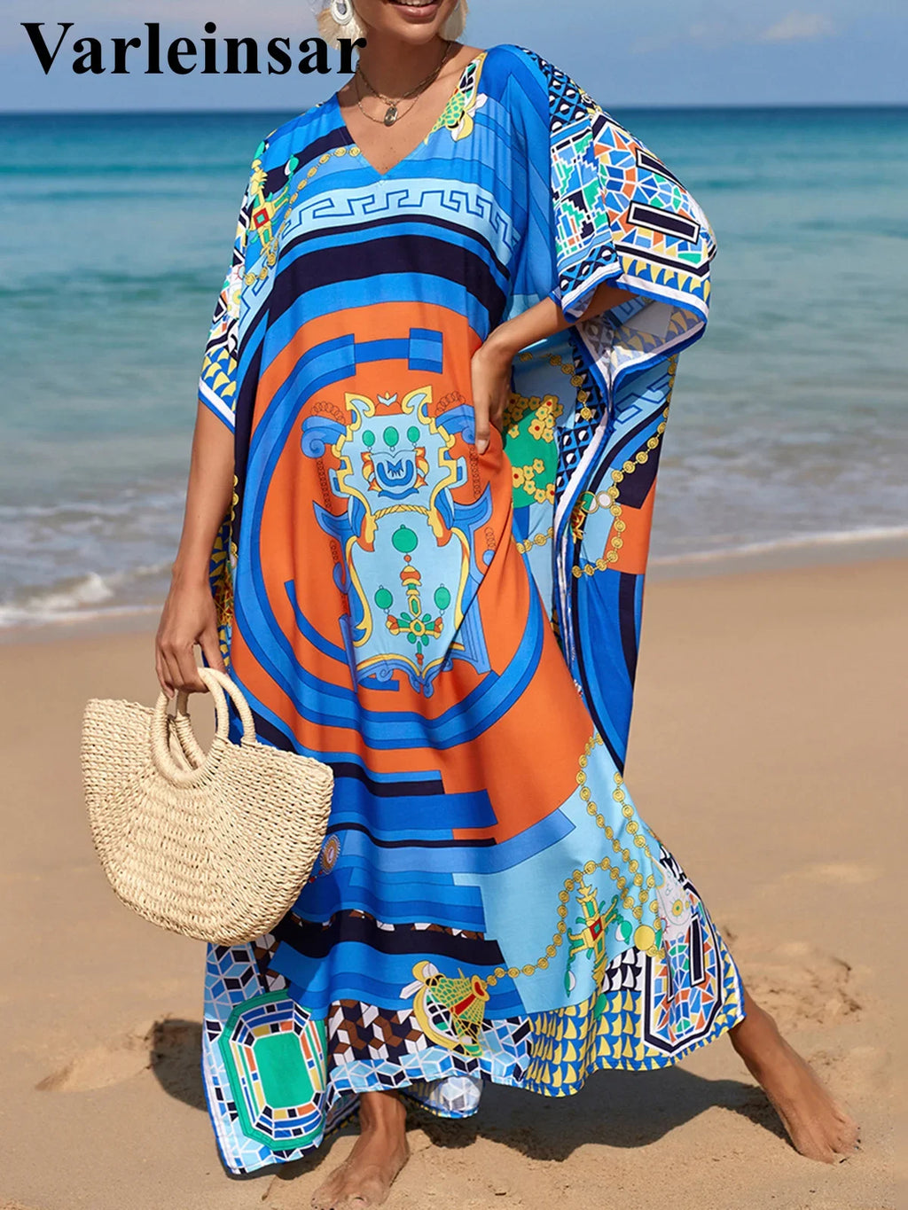 2026 New Colorful Kaftan Tunic Beach Dress Beach Wear Beachwear Beach Cover Up Cover-upsLoose Maxi Dress Female Women V4428