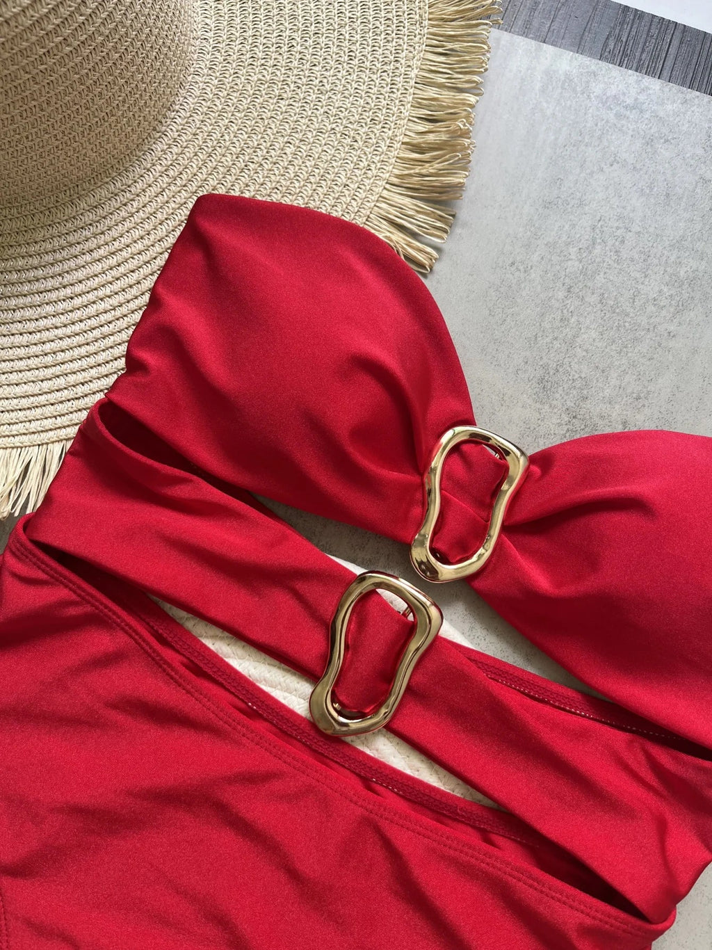 Sexy Red One Piece Swimwear Women Removable Shoulder Strap Ring Linked Bikini Monokini 2026 Backless Hollow Out Beach Swimsuit