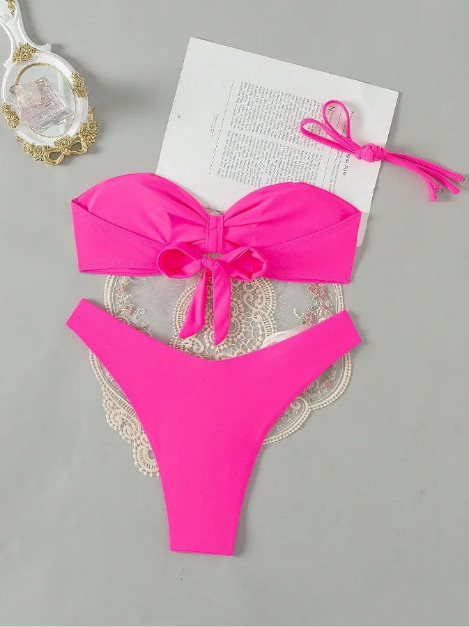 3D Flowers Bandeau Bikini 2024 Women Sexy Green Contrast Push Up Micro Swimsuit Bathers Bathing Suit Thong Swimwear Beachwear
