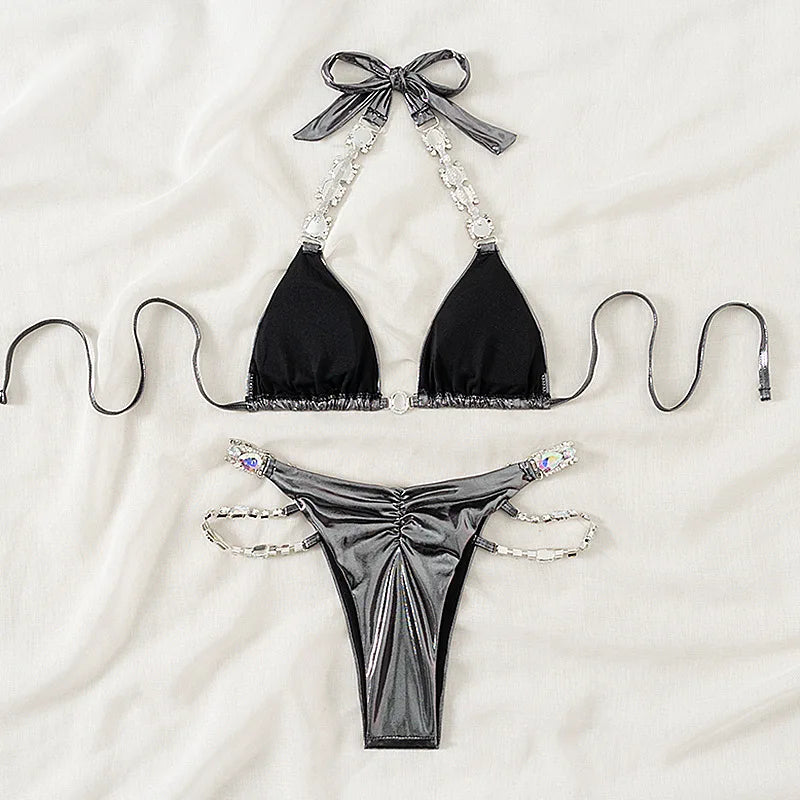 Snake Printed Halter Rhinestone Diamond Bikini Women Swimwear Female Swimsuit Two-pieces Bikini Set Brazilian Bathing Suit Swim