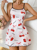 Cherry Printed Slip Nightdress Women Sleepwear Straps Sleep Mini Dress Nighties Nightgown Loungewear Valentine's Day Gift
