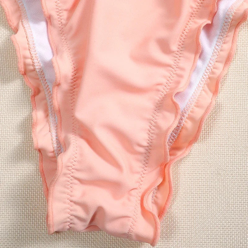 Ribbed Ruffled Frilled Brazilian Bikini Women Swimsuit Female Swimwear Two Pieces Bikini Set Halter String Bathing Suit Swim