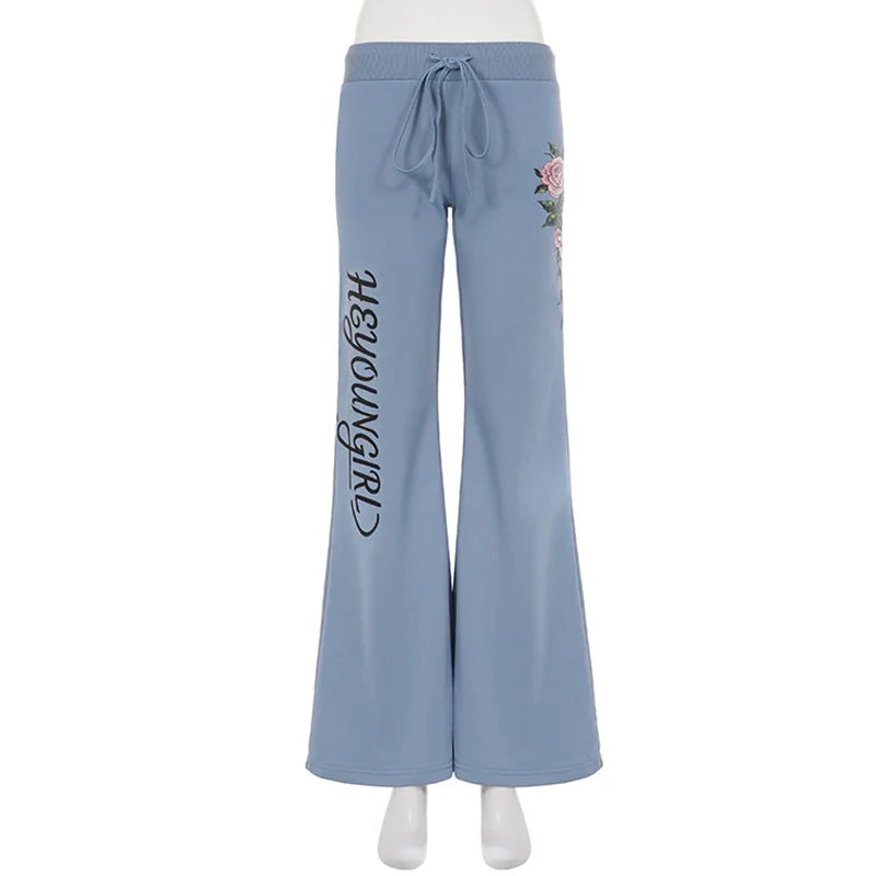 Retro rose letter print low-waist drawstring flared trousers, slim fit and versatile casual trousers