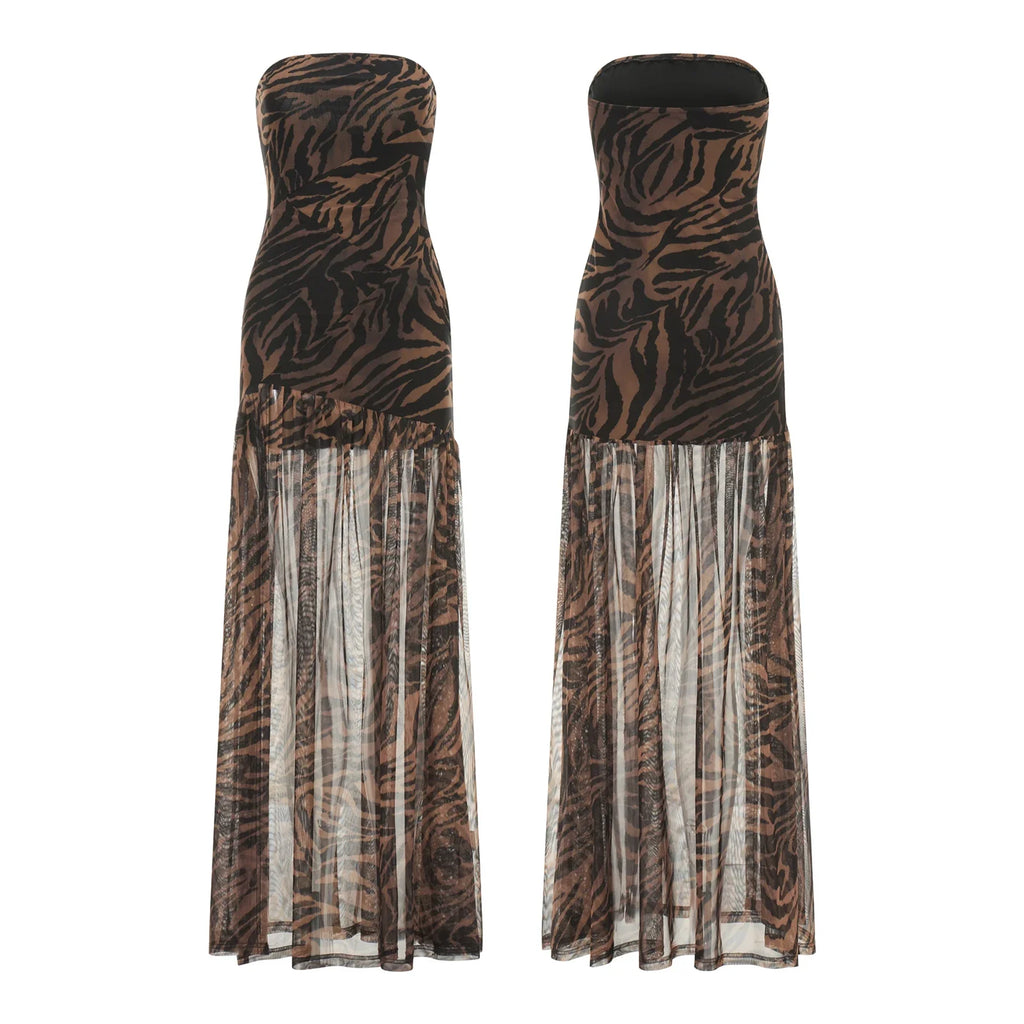 Women’s Tube Top Dress Bohemian Printed Strapless Mesh High Slit Long Dress Summer Evening Party Beach Sexy Club Dresses Summer