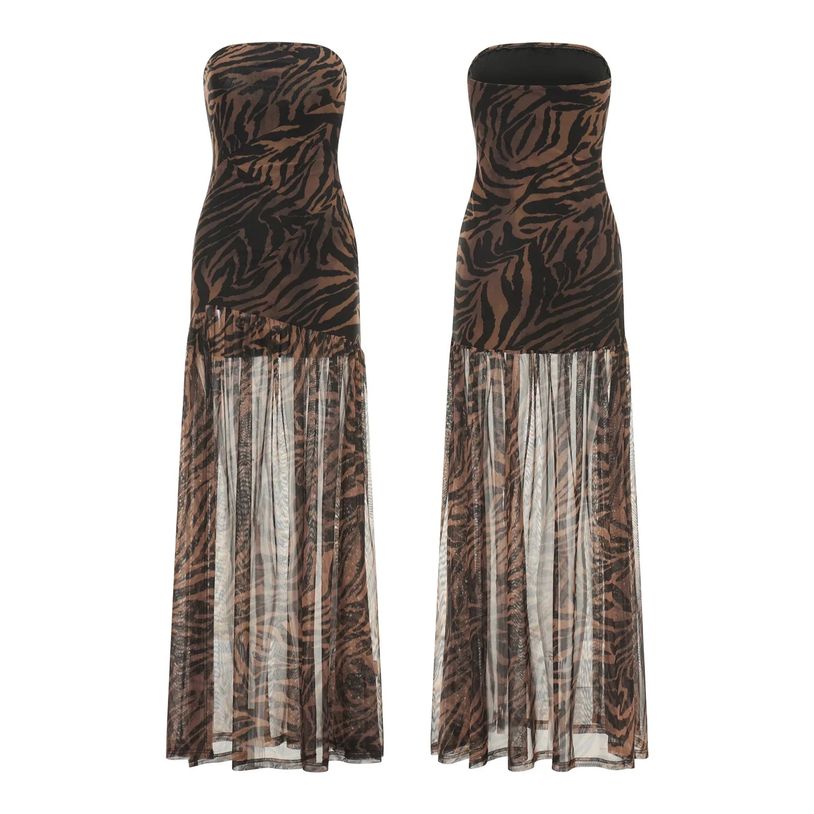 Women’s Tube Top Dress Bohemian Printed Strapless Mesh High Slit Long Dress Summer Evening Party Beach Sexy Club Dresses Summer