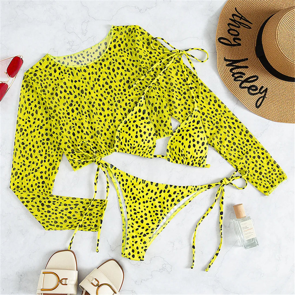 S- XXL Leopard Printed Long Sleeve Bikini Women Swimwear Female Swimsuit Three-Pieces Bikini Set Bather Bathing Suit Swim V3193Y