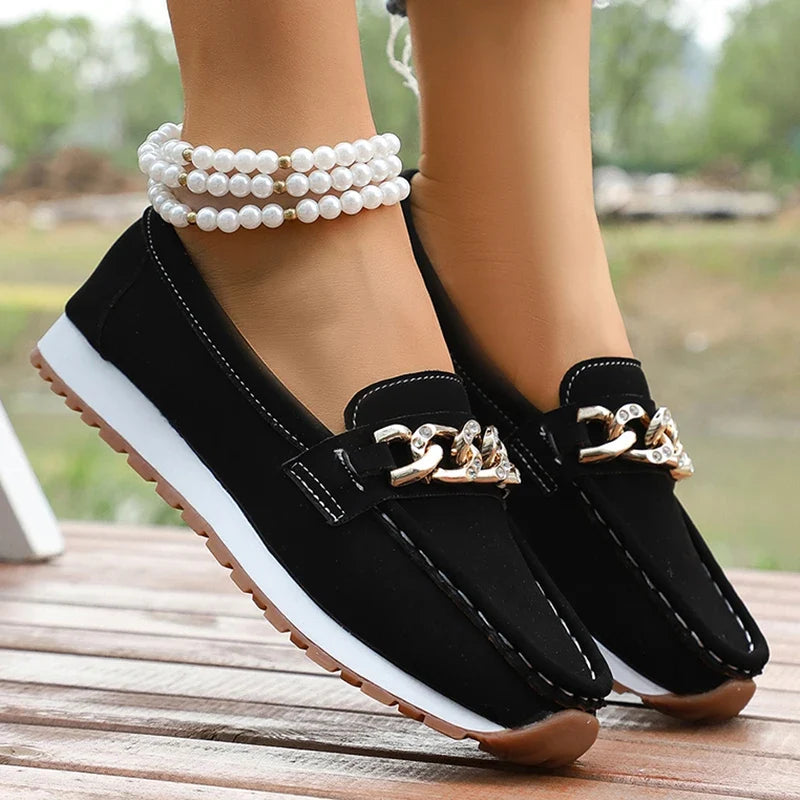 Fashion Metal Chain Soft Sole Flats Shoes Women Spring Autumn Pu Leather Platform Loafers Woman Slip On Non Slip Casual Shoes