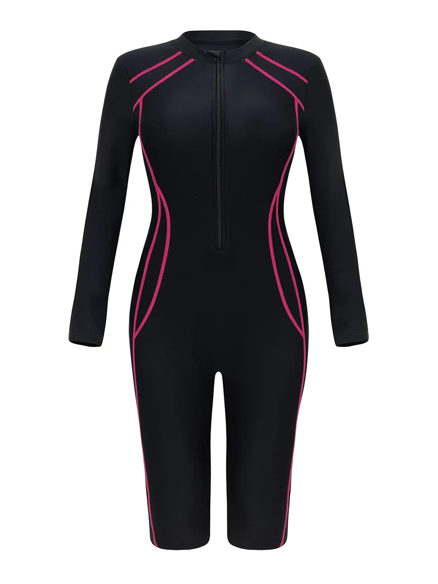 2026 Zipper Slim One Piece Swimsuit Women Long Sleeve & Knee Swimwear Female Bather Bathing Swimming Swim Surf Suit Beachwear