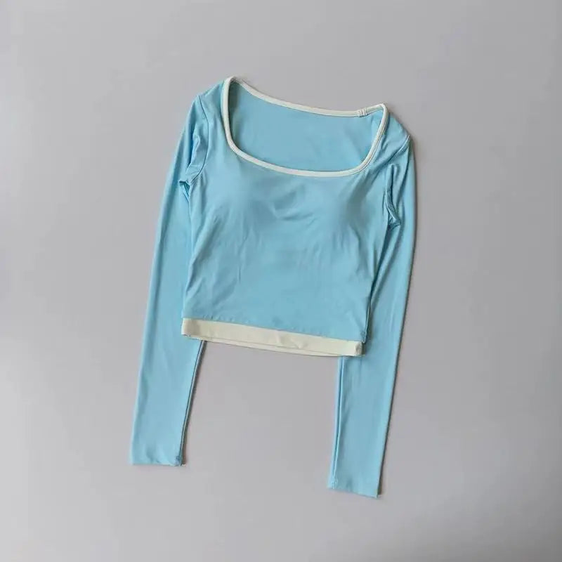 Autumn New Contrasting Yoga Suit for Women with Chest Pad Top Slim and Slim Pilates Running Sports Fitness Long Sleeves Shirts
