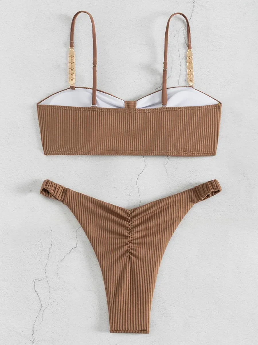 Front Knotted Metal Strap Ribbed Bikini Women Swimwear Female Swimsuit Two Pieces Bikini Set High Cut Bathing Suit Swim Beach
