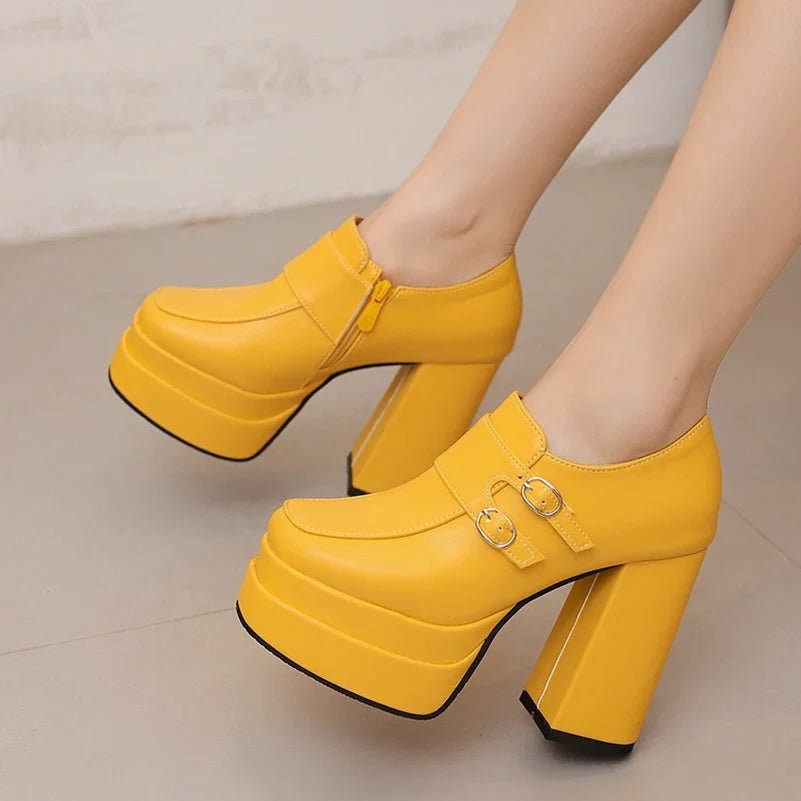 Plus Size Double Row Small Buckle Side Zipper Square Toe Double Layer Platform High Thick Heel Women's Pumps Shallow High Heels