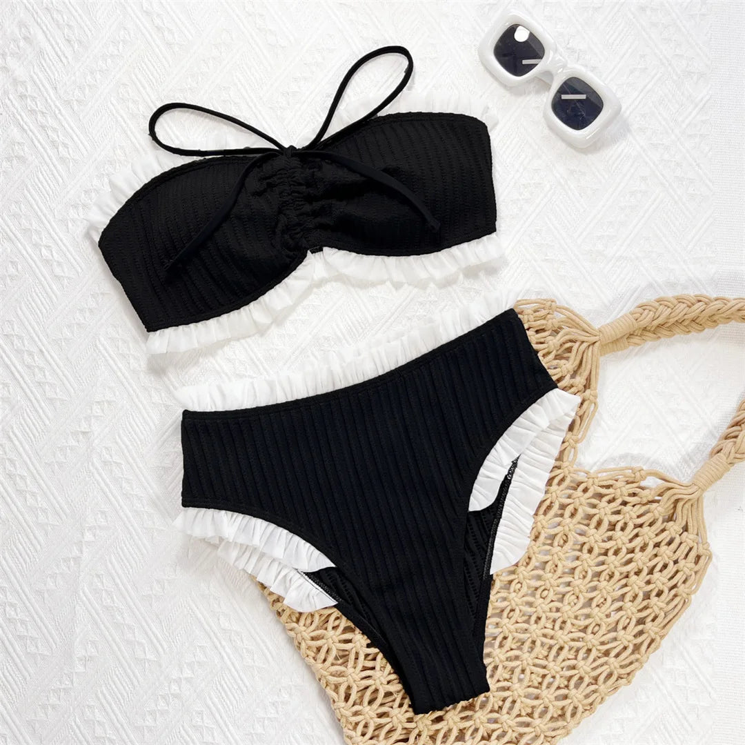 Bandeau Splicing Frilled Female Swimsuit High Waist Bikini Women Swimwear Two-Pieces Bikini Set Bather Bathing Suit Swim V7039