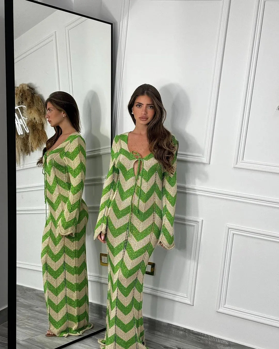 Knitted Dress Leace-up Vestido Dresses 2025 Woman Beach Hollow Out Slim Vacation Beachwear Temperament Long Sleeves Holiday Sexy