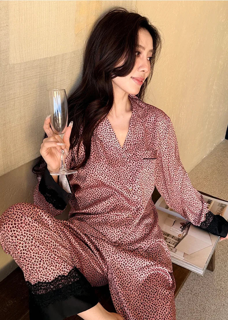 2026 Pajamas for Women Ice Silk Sexy Lace Small Leopard Print Long Sleeve Home Clothes Pajamas Set Can Be Weared Outside