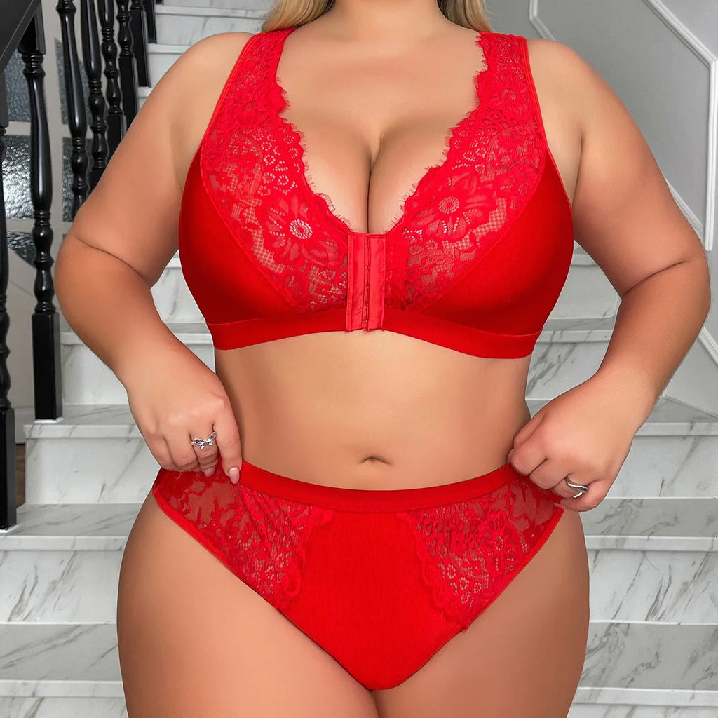 Women’s Sexy Embroidered Lingerie Set, Plus Size Front-Closure Minimizer Bra, Supportive Side-Smoothing Underwear