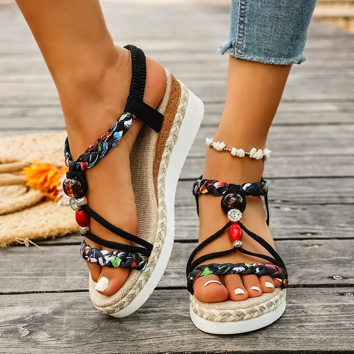 Fashion T-Strap Platform Sandals  Women New Mix Color Elastic Band Wedge Sandals Woman Summer Daily Open Toe Sandalias Female