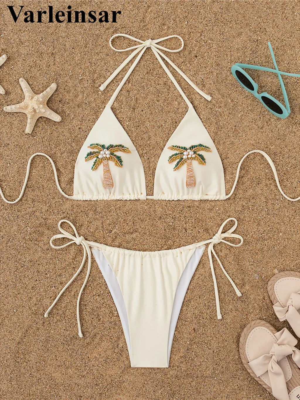 Coconut tree Printed Halter Bikini Female Swimsuit Women Swimwear Two-Pieces Bikini Set Padded Bather Bathing Suit Swim V7308