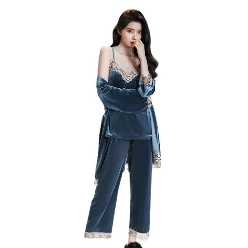 Women's Autumn Winter Golden Velvet Pajamas Set - Sexy Lace Suspender 3-Piece Loungewear with Breast Pads