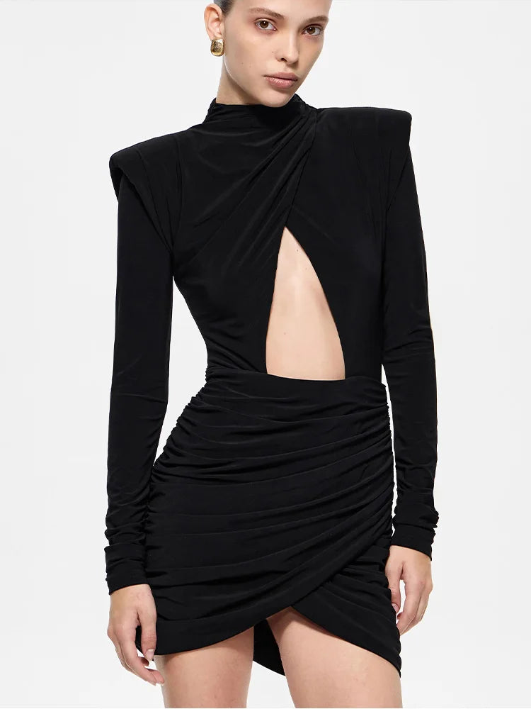 Ahagaga Eelgant Fashion Dresses For Women Solid Zipper Sheath Pleated Hollow Out Regular Long Sleeves Turtleneck Shoulder Pad