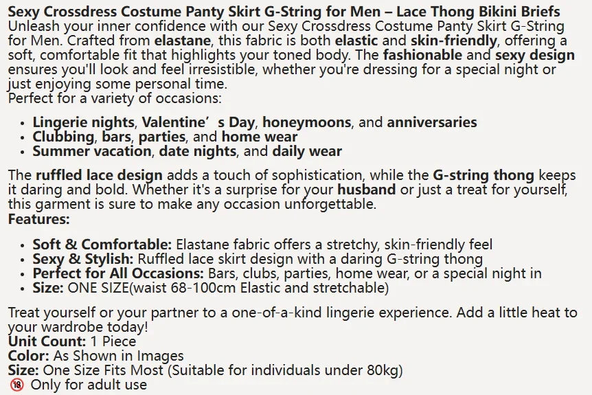 Sexy Crossdress Costume Panty Skirt G-String Thong for Men, Lace Gay Underwear, Mini Bikini Briefs, Ruffled Lace Lingerie