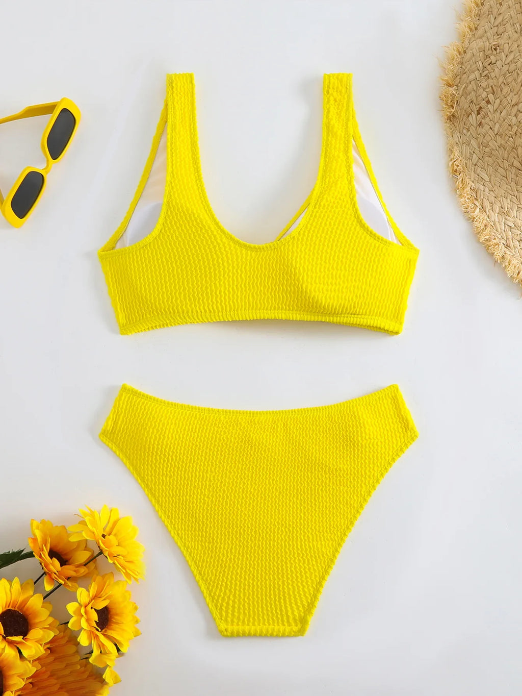 2026 Summer New Women's 2 Piece Swimsuit Solid Color High Waist Bikini Set V-neck Backless Beach Vacation Bathing Suit Swimwear