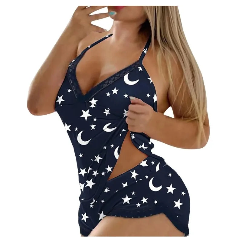 Women's Sexy Pajamas Star Leopard Print Halter Babydoll Lingerie Set Lace Trim Side Slit Chemise Nightwear for Intimate Wear
