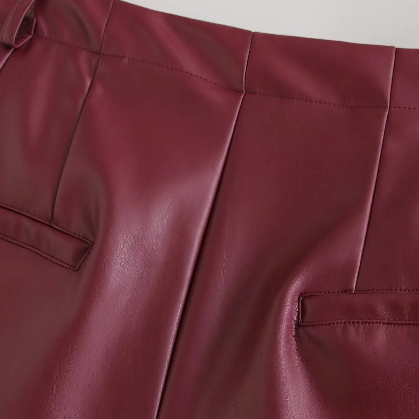 Burgundy Leather Wide Leg Shorts For Women High Waist With Pockets Stylish Daily Simple Casual Leather Button Zipper Shorts GQ6I