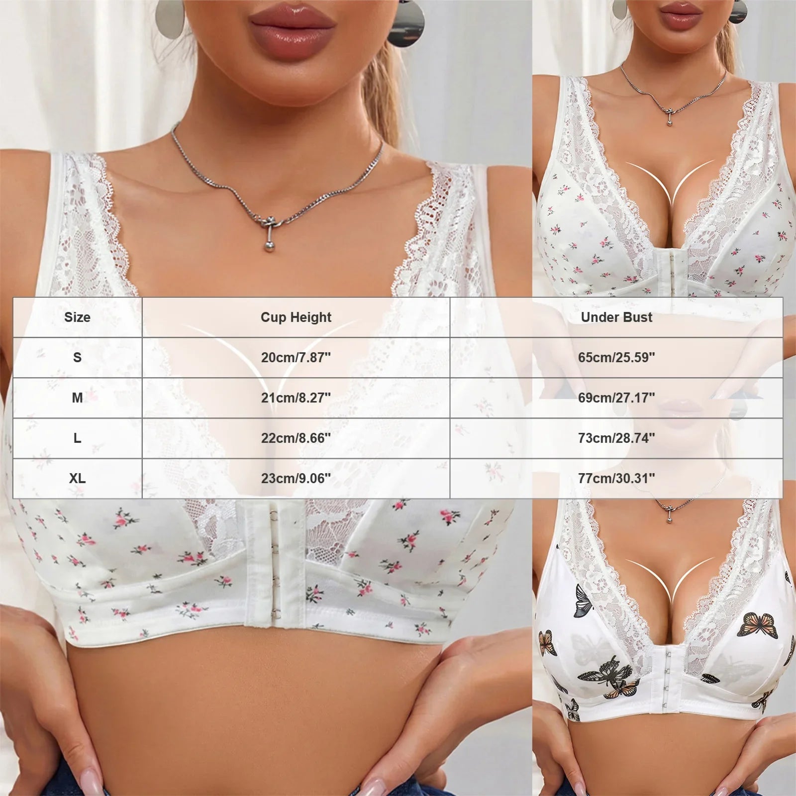Women Lace Trim Butterfly Print Front Closure Wireless Bralette Comfortable Breathable Brassiere Plus Size Padded Push Up Bras
